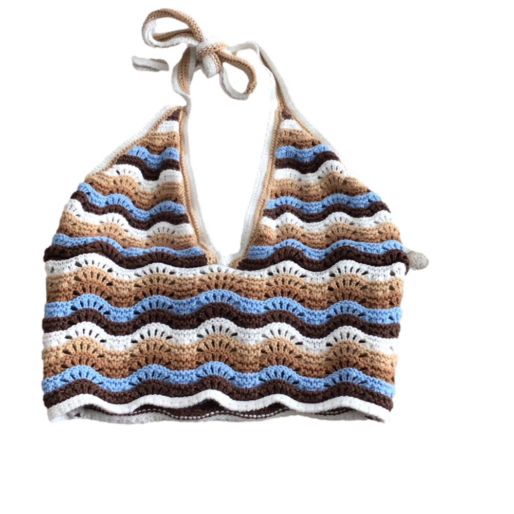 Social Tourist Striped Crochet Halter Crop Top Women’s Small